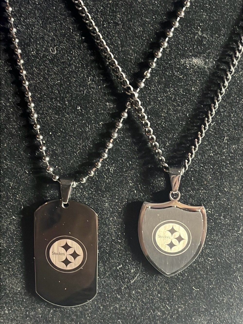 24”, Stainless Steel Black Sports Logo Dog Tag & Shield Necklace Set